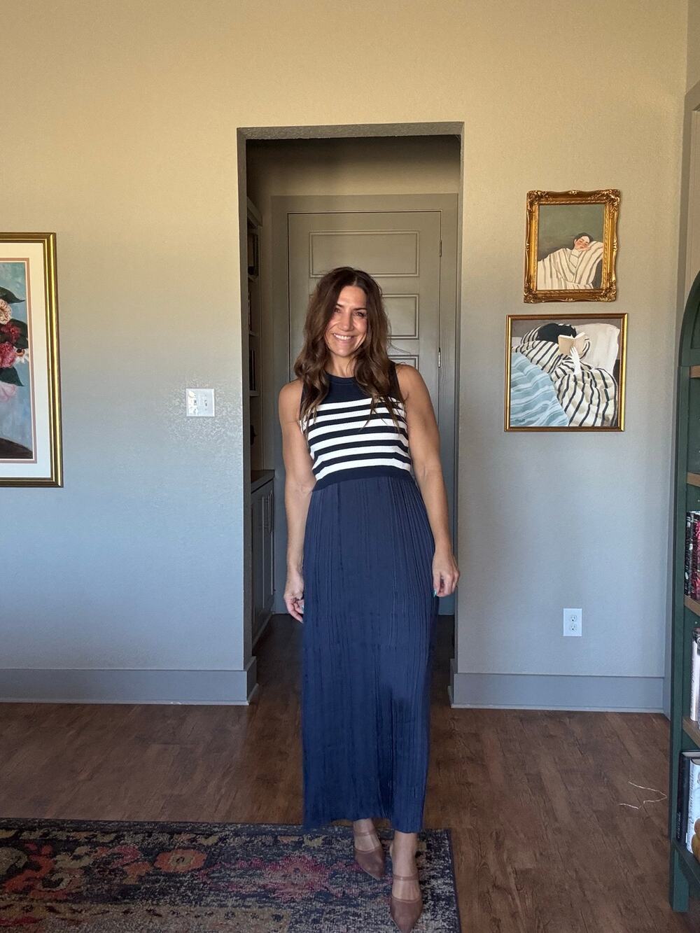 Miss Love Striped Knit Pleated Maxi Dress Navy Cream M